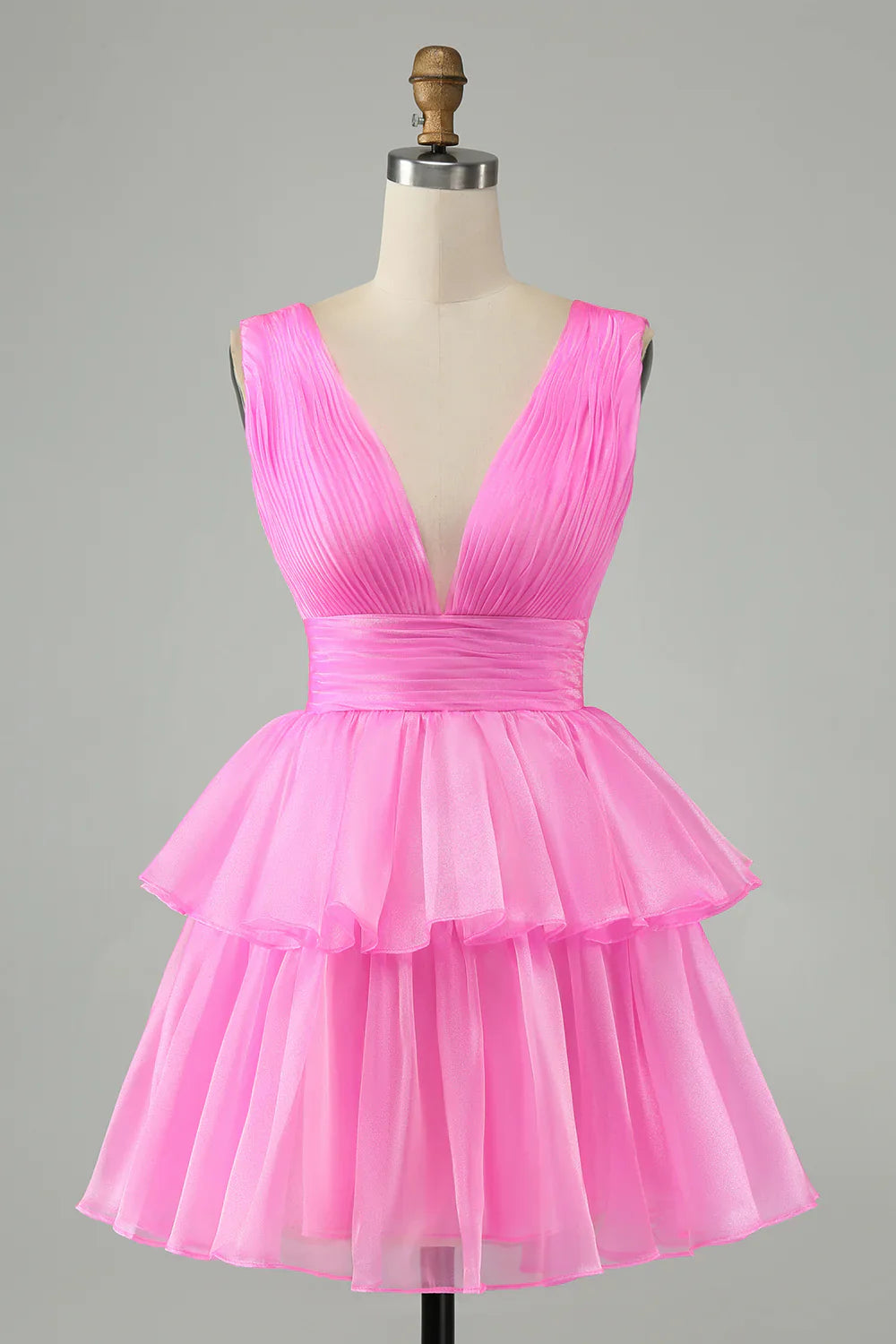 omberprom Short Cute Homecoming Dress Hot Pink A Line V Neck Backless Pleated Tiered