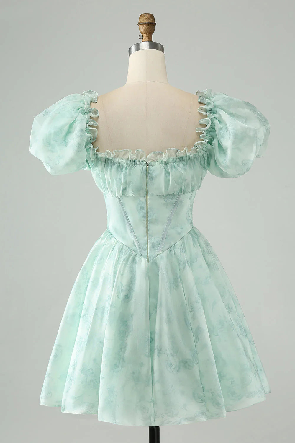 omberprom Short Homecoming Dress Cute Light Green A Line Graduation Dresses Square Neck Floral with Ruffles