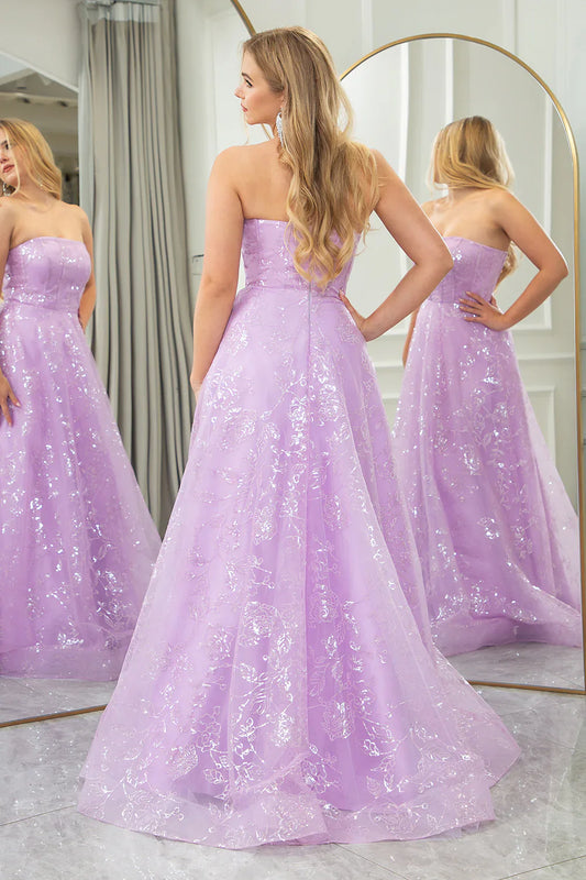 omberprom Sparkly Lilac Long Prom Dress A Line Strapless Sequin Evening Dress