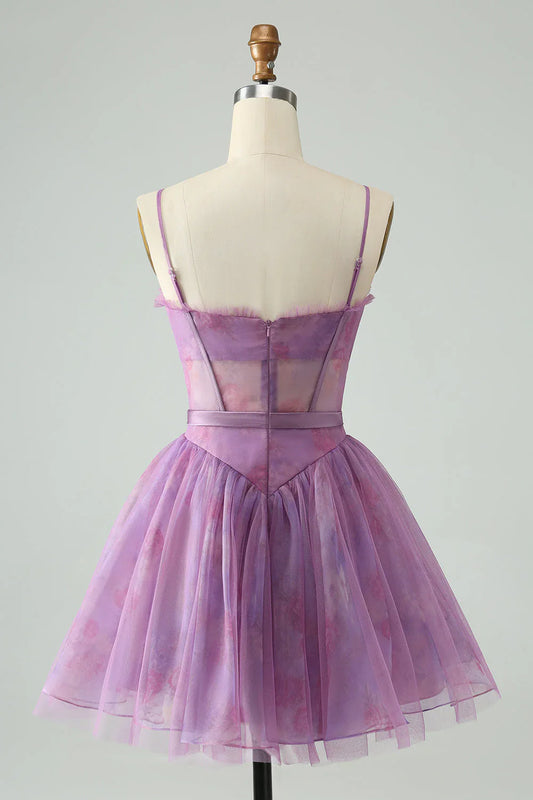 omberprom Short Cute Homecoming Dress A Line Spaghetti Straps Print Corset Purple