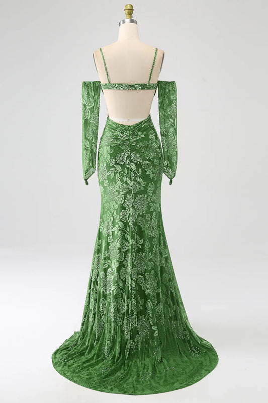 omberprom Mermaid Evening Dress Spaghetti Straps Floral Print Olive Long Prom Dress With Slit