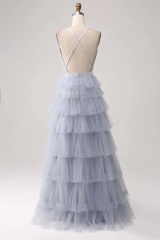 omberprom Dusty Blue A-Line Spaghetti Straps Tiered Floor Length Tulle Prom Dress