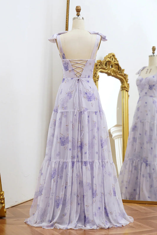 omberprom Elegant A-Line Long Prom Dress Spaghetti Straps Floral Print Lace Up Charming Wedding Guest Dress Party Dress