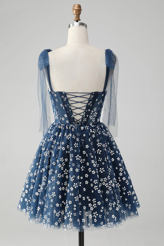 omberprom Cute A Line Spaghetti Straps Print Corset Navy Short Homecoming Dress