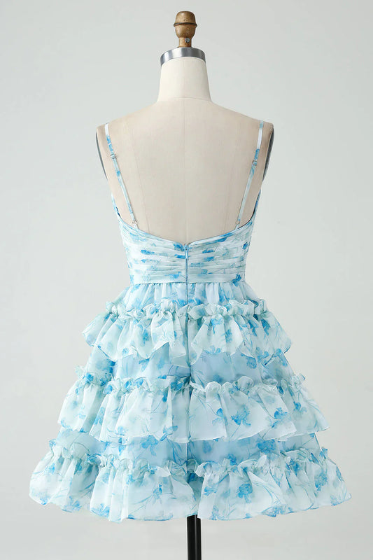Vintage Light Blue Floral Design A-line Spaghetti Strap Tiered Homecoming Dress TP3455