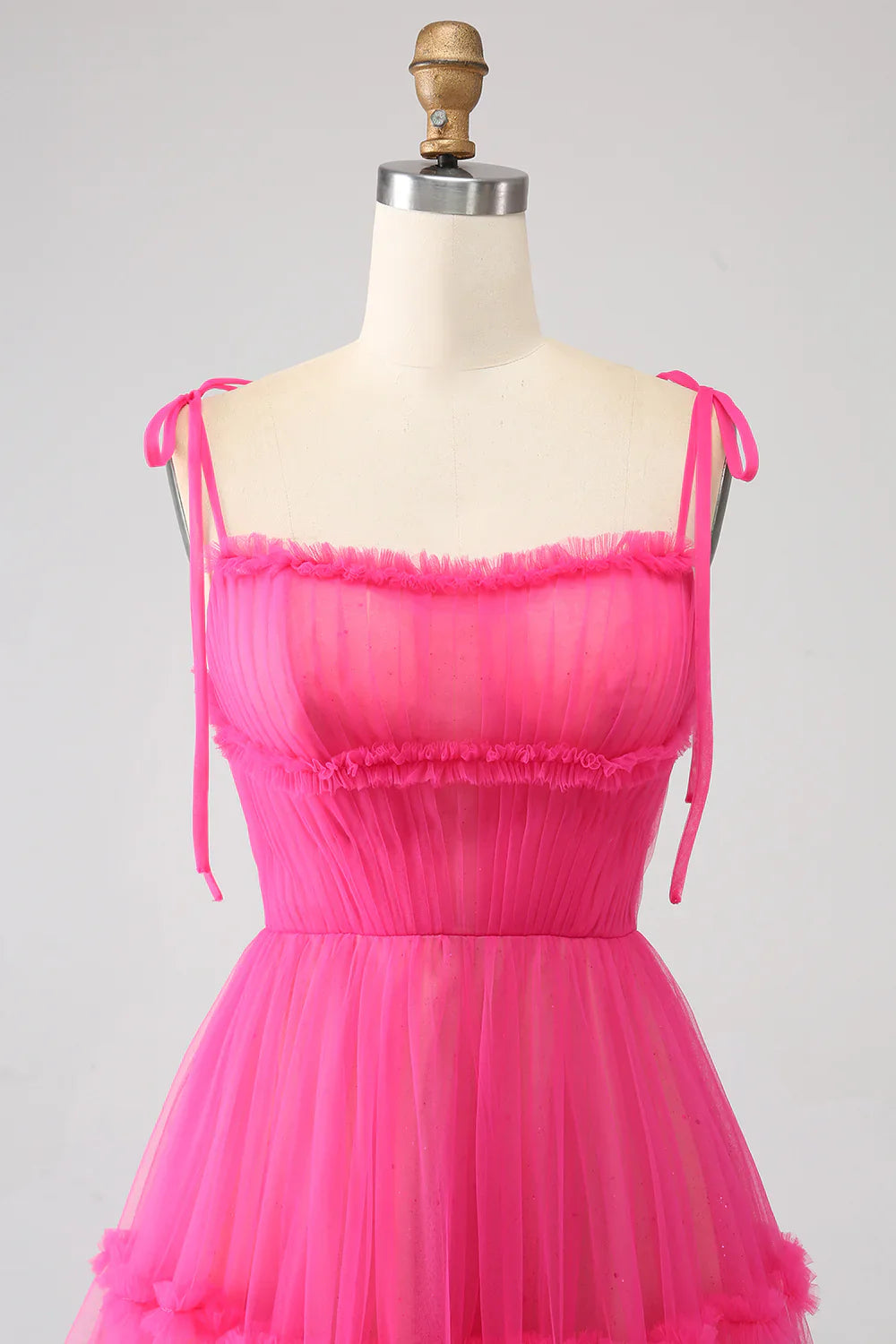 omberprom A-Line Evening Dress Spaghetti Straps Hot Pink Tulle Long Prom Dress Princess