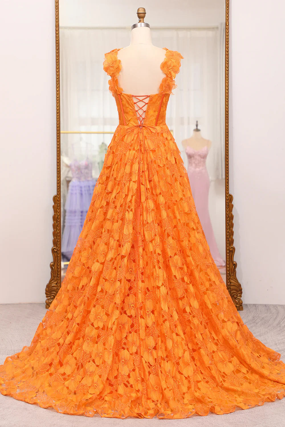 omberprom A-Line Evening Dress Spaghetti Straps Applique Corset Long Prom Dress With Slit Orange