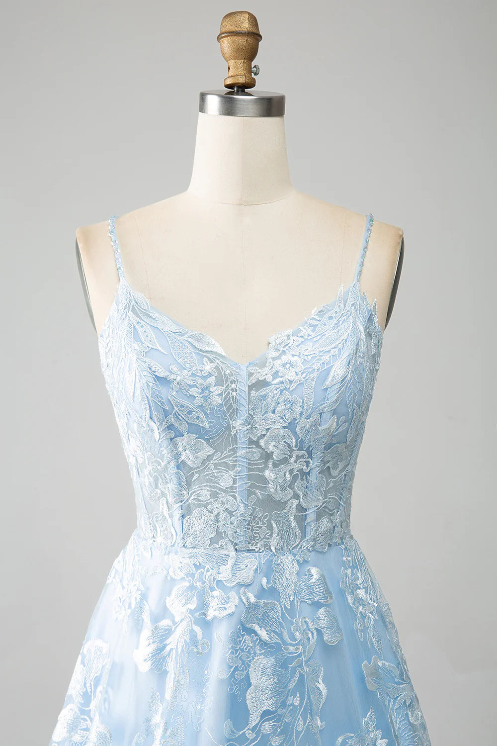 omberprom A Line Evening Dress Spaghetti Straps Corset Tulle Sky Blue Prom Dress With Appliques
