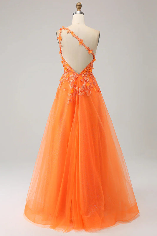 omberprom A-Line Prom Dress One Shoulder Long Tulle Applique Evening Dress With Slit Orange