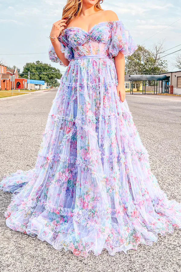 omberprom A Line Evening Dress Off The Shoulder Floral Tulle Prom Dress