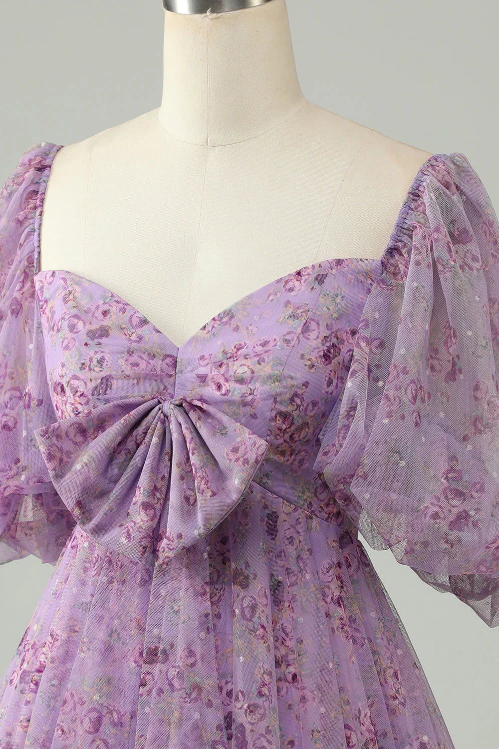 omberprom Elegant A Line Homecoming DressTulle Bow Print Short With Puff Sleeves Purple