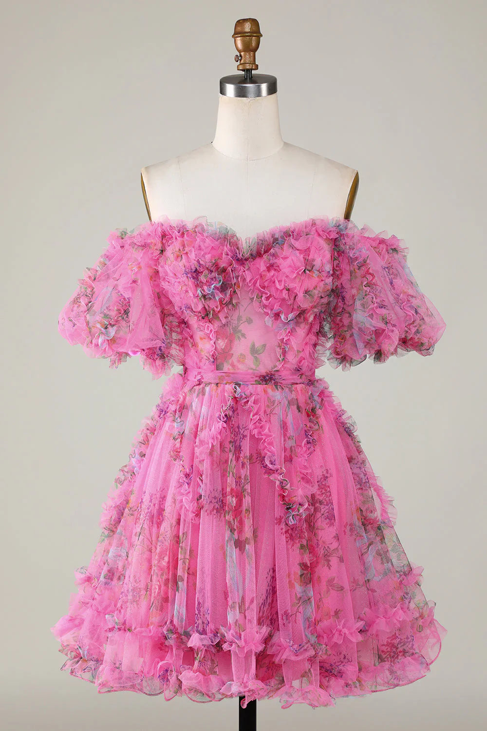 omberprom A Line Short Homecoming Dress Off the Shoulder Tulle Stylish Dusty Rose Evening Dress