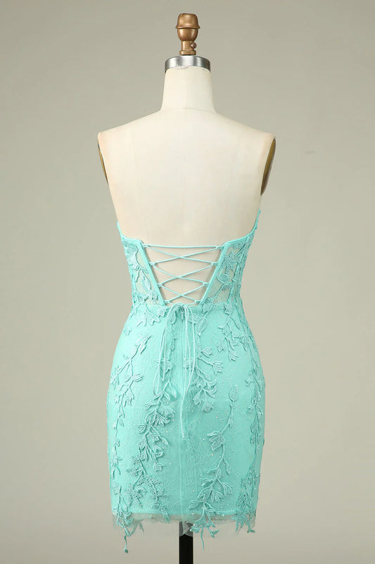 omberprom Short Homecoming Dress Bodycon Light Green Sweetheart Corset with Appliques