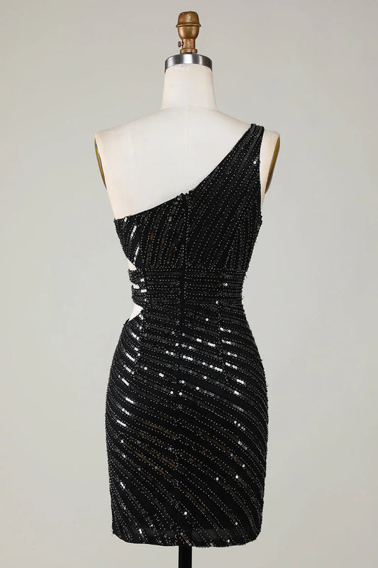 omberprom Short Homecoming Dress Sparkly Bodycon One Shoulder Black Sequins with Cut Out Graduation Dresses