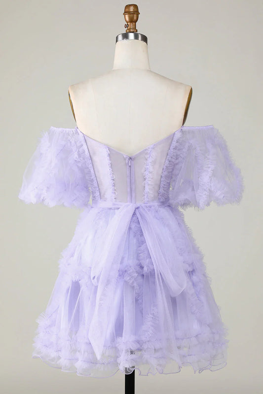 omberprom Homecoming Dress Purple Stylish A Line Off the Shoulder Tulle Corset Evening Dress