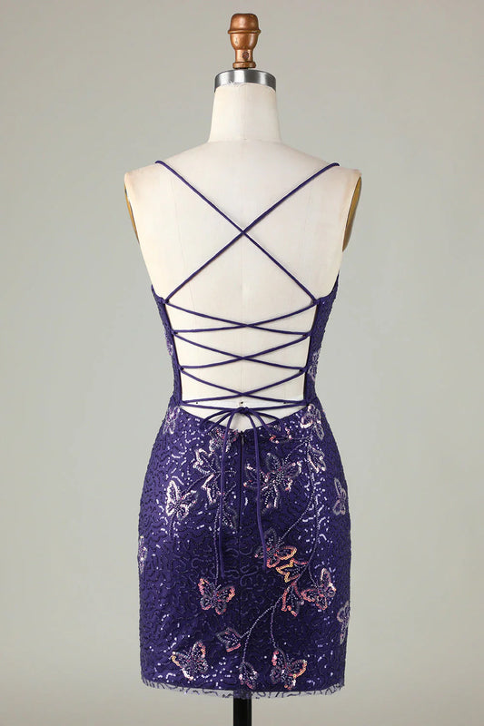 Charming Purple Sequin Design A-line Lace-up Spaghetti Strap Homecoming Dress TP3630