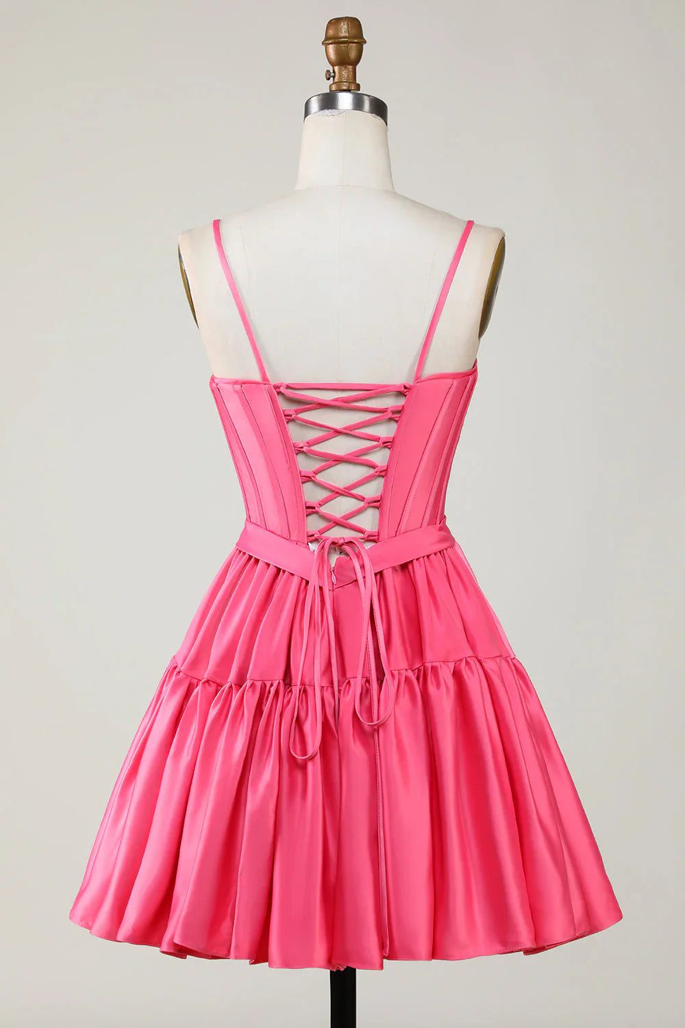 omberprom A Line Homecoming Dress Cute Spaghetti Straps Corset Ruffle with Bows Fuchsia