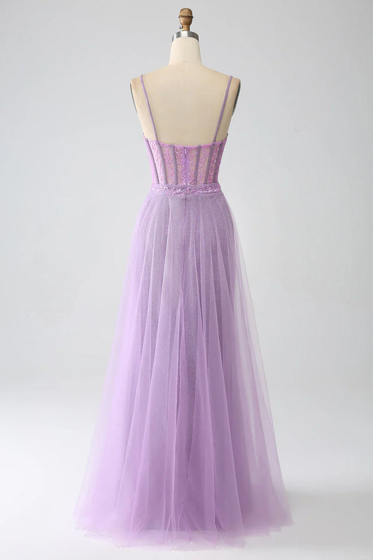 omberprom A-Line Lilac Evening Dress Spaghetti Straps Long Corset Prom Dress