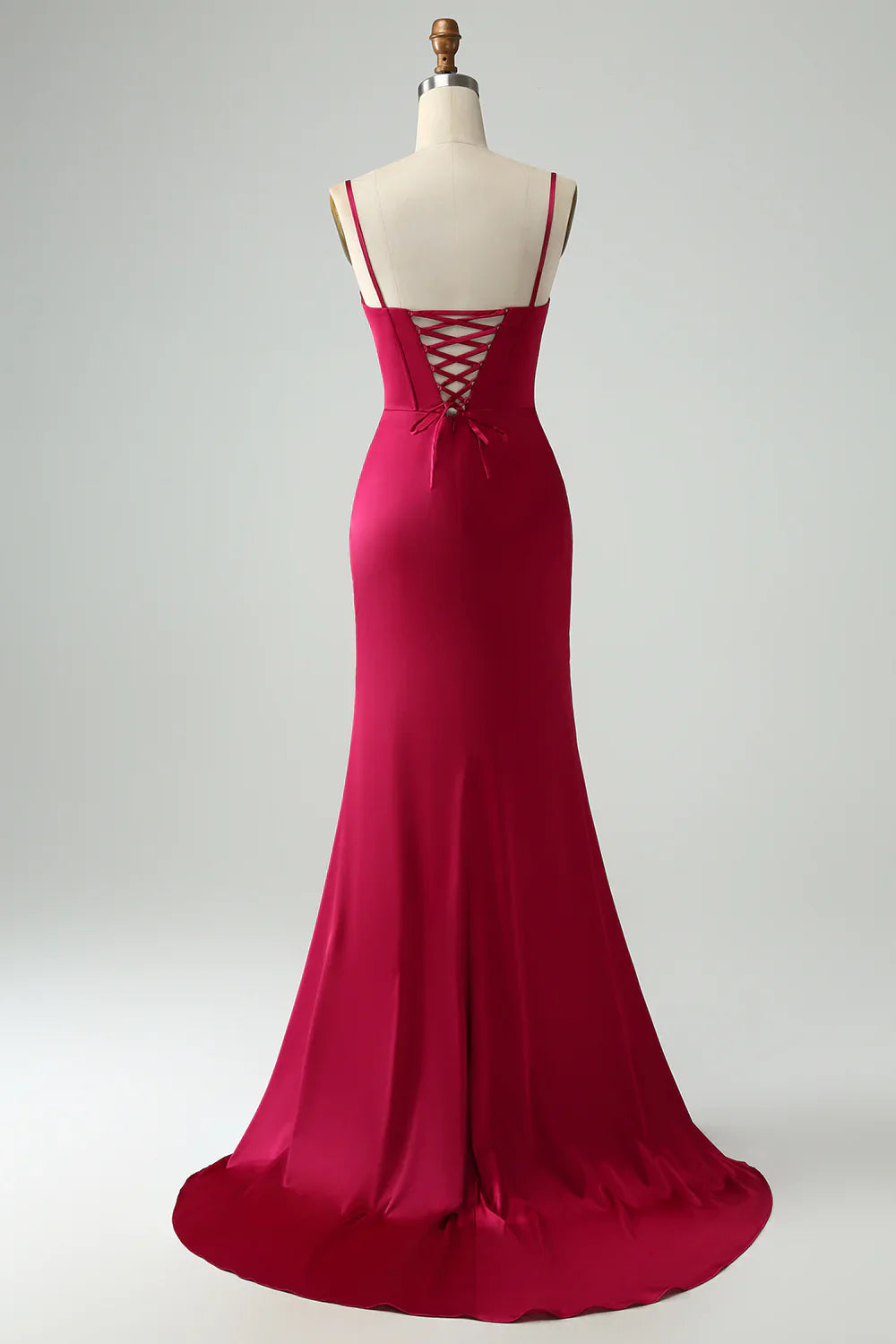 omberprom Burgundy Mermaid Evening Dress Spaghetti Straps Pleated Prom Dress With Slit