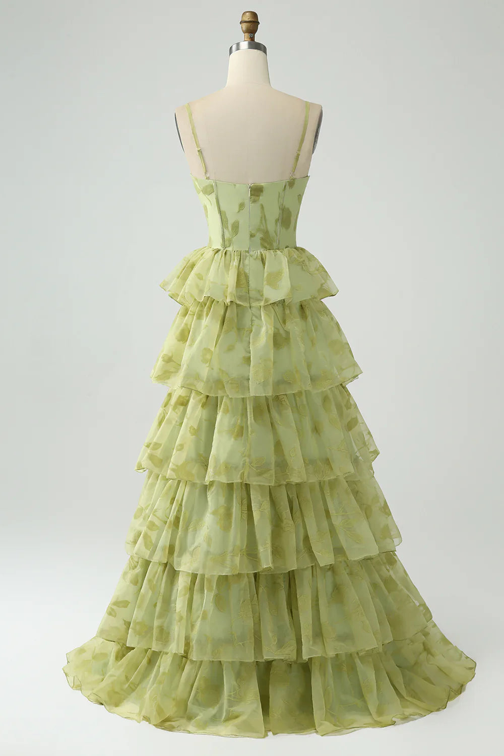 omberprom Green Prom Dresses Ball-Gown Spaghetti Straps Tiered Corset Maxi Dress