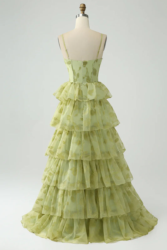 omberprom Green Prom Dresses Ball-Gown Spaghetti Straps Tiered Corset Maxi Dress