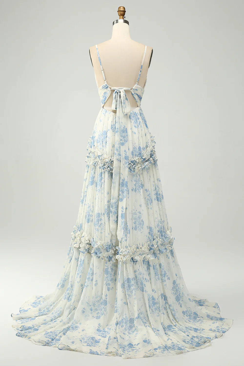 omberprom A-Line Prom Dresses Spaghetti Straps Pleated Blue Flower Maxi Dress