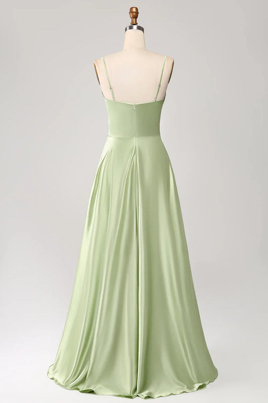 omberprom A-Line Prom Dresses Cowl Neck Spaghetti Straps Maxi Dress With Sequins Green
