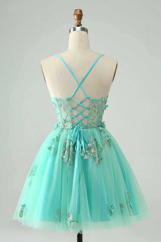 omberprom Cute Green Short Homecoming Dress A Line Spaghetti Straps Corset with Appliques