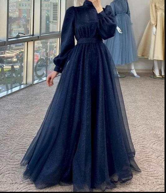 Modest A-line Long Sleeves Prom Dress,Muslim Dress Y5848
