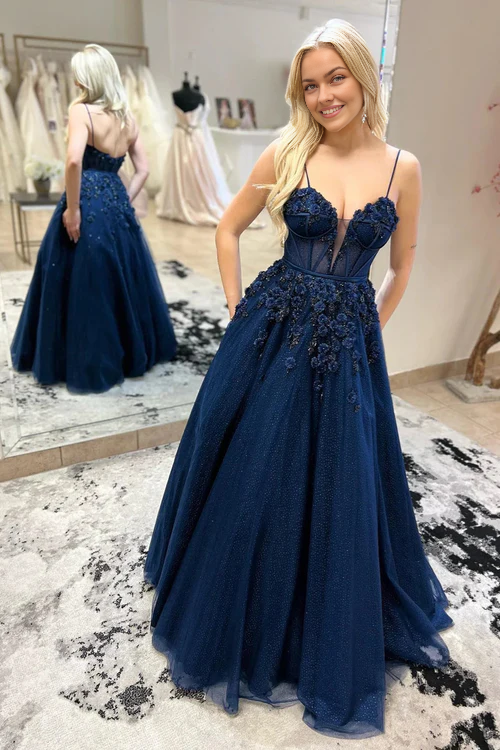 omberprom Elegant Navy Blue Straps Plunging V Floral Beaded Long Prom Dress