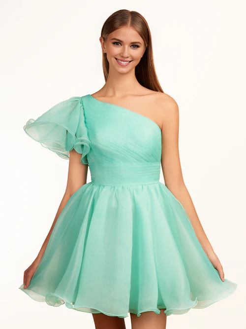 omberprom A-line Graduation Dresses One Shoulder Organza Ruffled Homecoming Dress