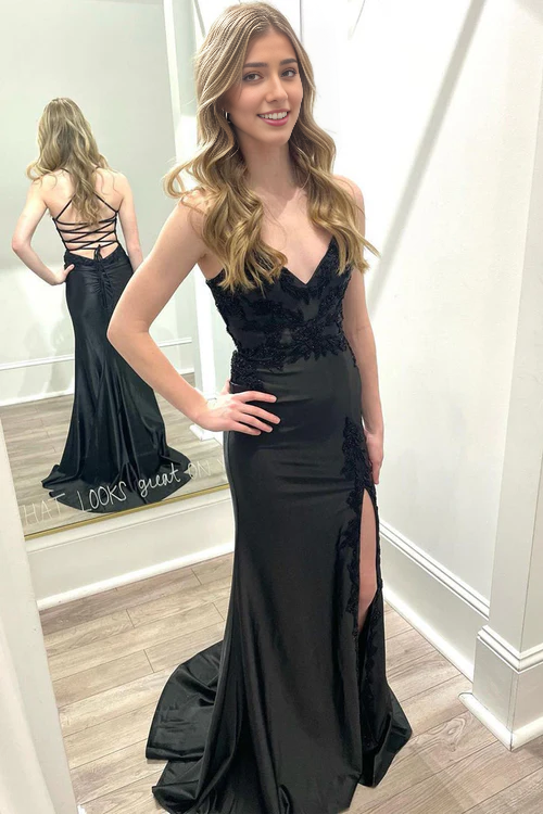 omberprom Black V Neck Evening Dress Satin Mermaid Long Prom Dresses with Slit