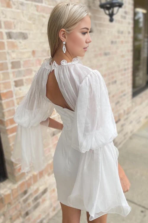 omberprom Elegant Sheath Illusion Neck Long Sleeve Short Wedding Dress
