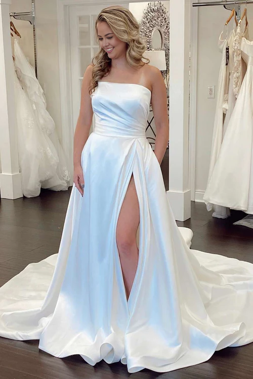 omberprom Elegant Mermaid Satin Strapless A-Line Wedding Dress with Slit