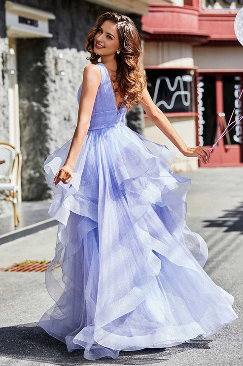 omberprom Elegant Prom Dresses Ruched Ruffle Long Tulle Ball Gown Evening Dress