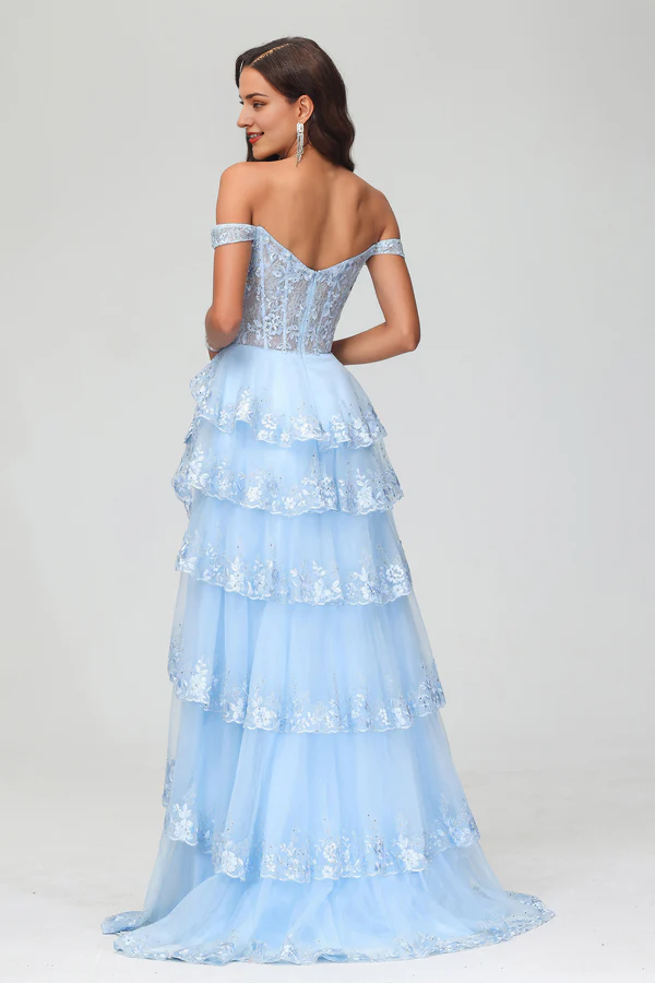 omberprom Elegant A-Line Prom Dresses Off Shoulder Rhinestone Tulle Sweep Train Dress