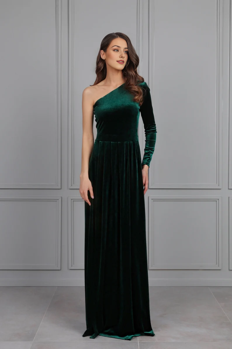 Liymcdress Elegant Velvet Dress Ruched Long Sleeve Formal Dress for Evening Dress