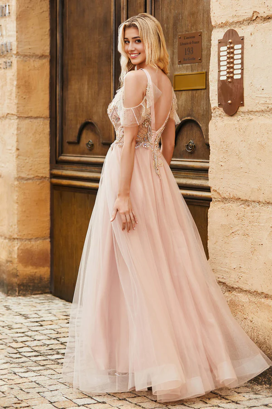 omberprom Elegant Prom Dresses Jewel Rhinestone A-Line Evening Dress Tulle Long Dress