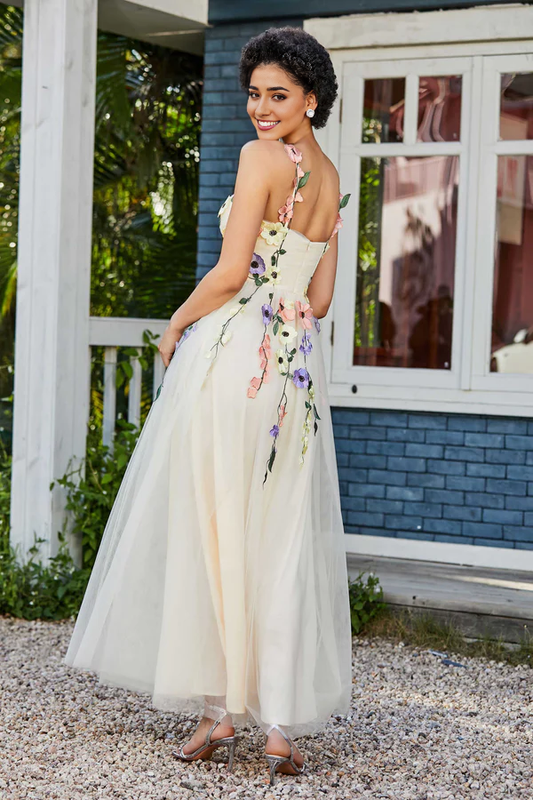 omberprom Elegant Prom Dresses Tea Length Flower Top Ruched Tulle Gown Evening Dress