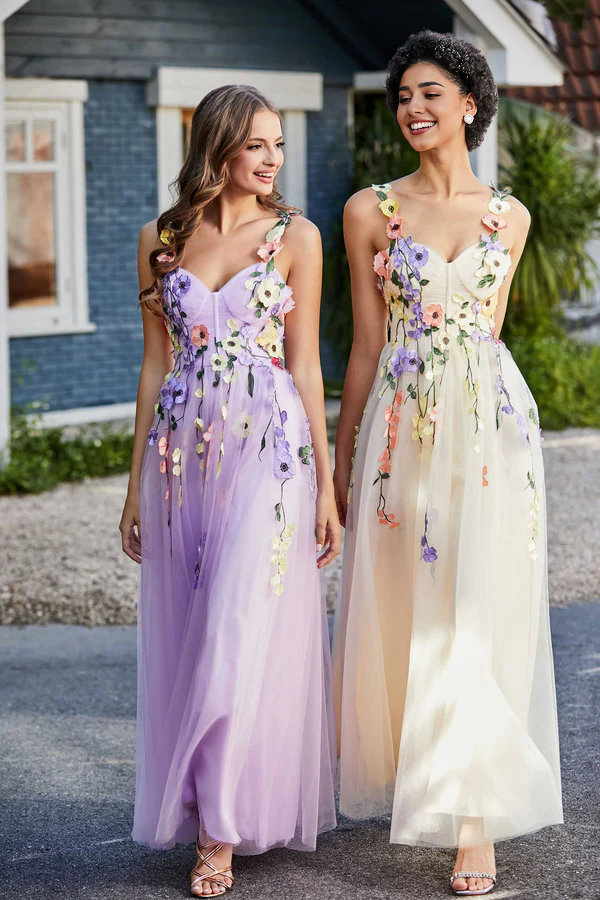 omberprom Elegant Prom Dresses Tea Length Flower Top Ruched Tulle Gown Evening Dress