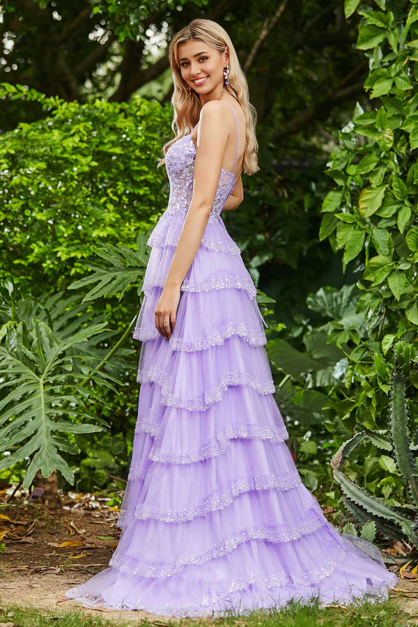 omberprom Fashion Prom Dresses Spaghetti Straps Ruffles Tiered Gown Evening Dress With Slit