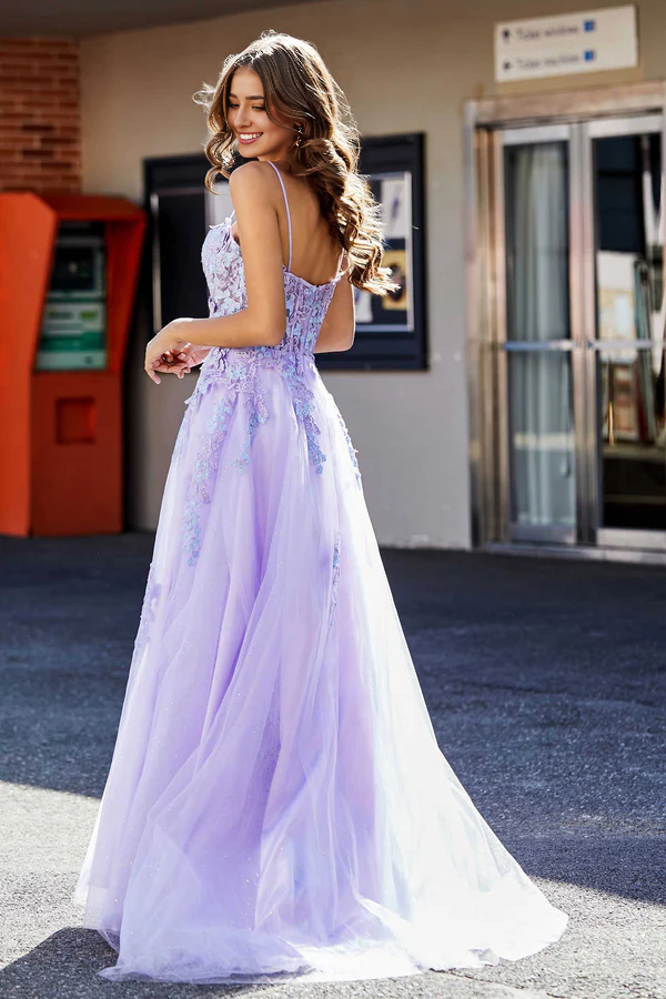 omberprom Sweetheart Prom Dresses Spaghetti Straps Applique A-Line Evening Dress Tulle Floor-Length Dress