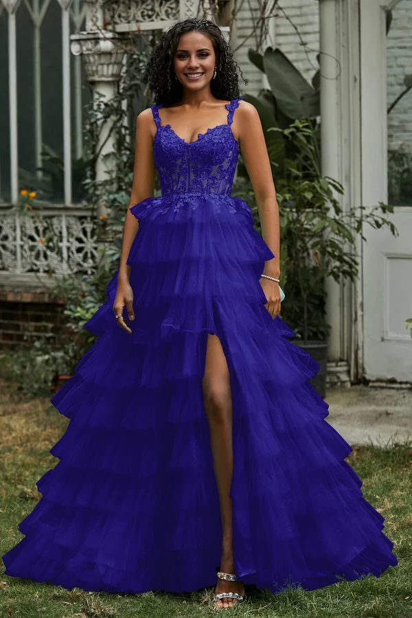 omberprom Elegant A-Line Prom Dresses Sweetheart Tiered Tulle Gown Evening Dress