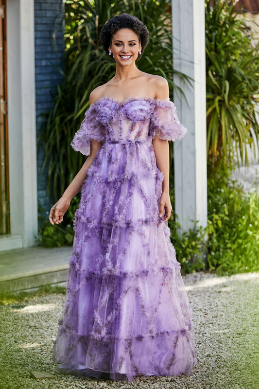 omberprom Elegant Prom Dresses Open Back Ruffle Ruched Tulle Gown Evening Dress