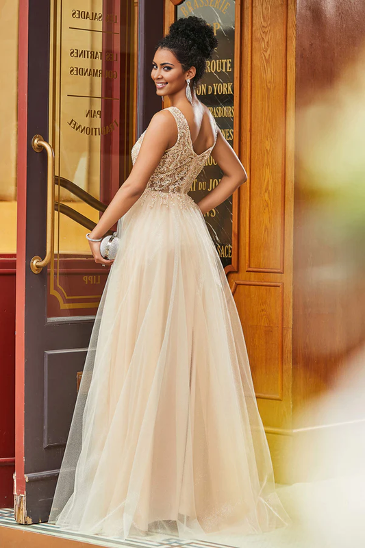 omberprom Elegant Evening Dress Scoop Neck Applique A-Line Prom Dresses Tulle Long Dress