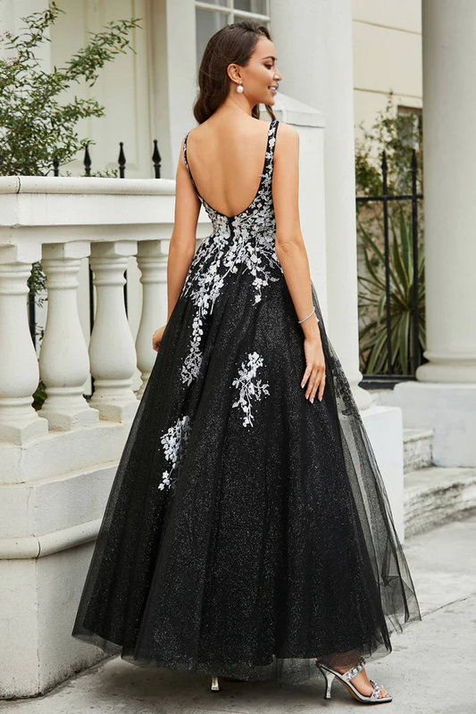 omberprom Elegant Prom Dresses A-Line Plunging V-neck Evening Dress Tulle Gown