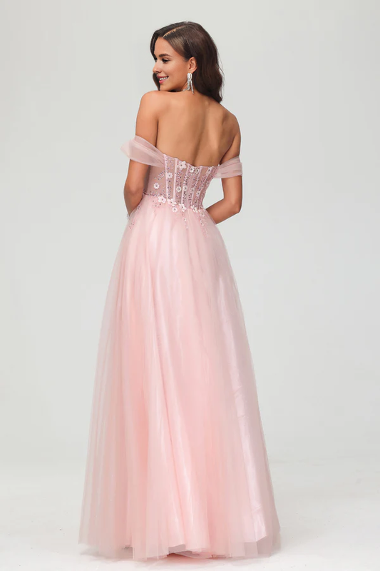 omberprom Elegant Applique Tulle A-Line Long Prom Dress Sweet Princess Dress With Slit