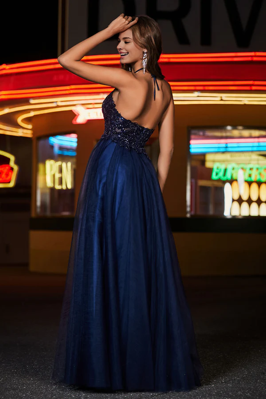 omberprom Elegant Prom Dresses V Neck Ruched Tulle Dress with Slit Evening Dress