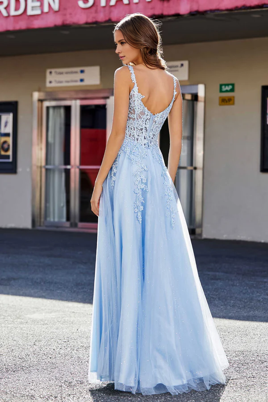 omberprom Elegant Evening Dress Corset Applique Bodice A Line Prom Dresses Tulle Gown