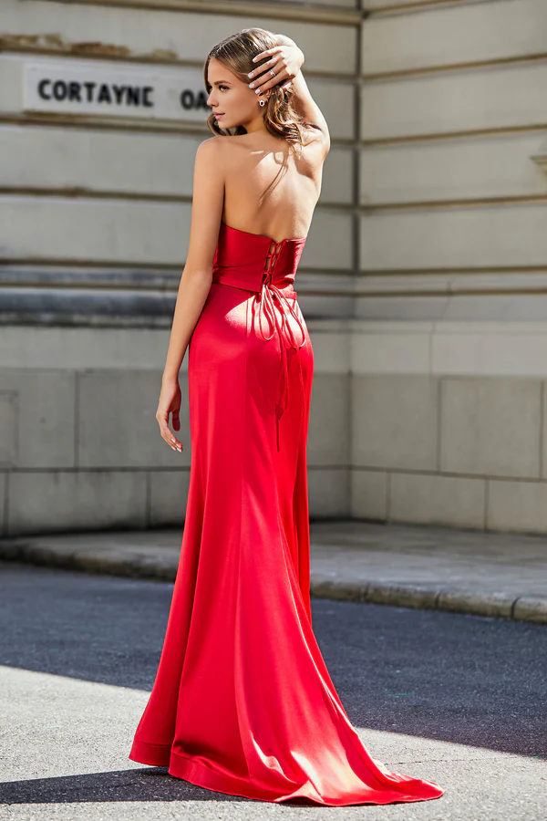 omberprom Elegant Long Prom Dresses Strapless Lace Up Back Satin Gown Evening Party Dress